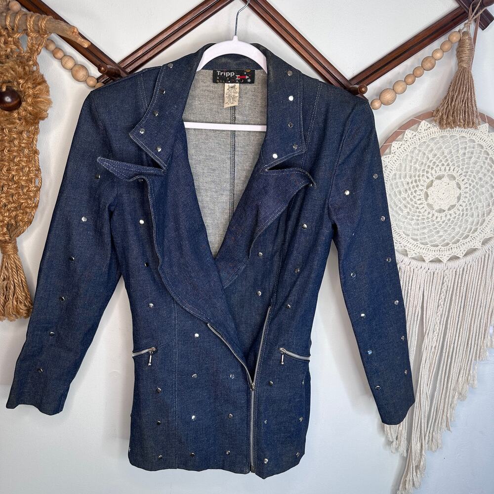 Vintage 90s 1990s TRIPP NYC Dark Wash Denim Studded Blazer Jacket